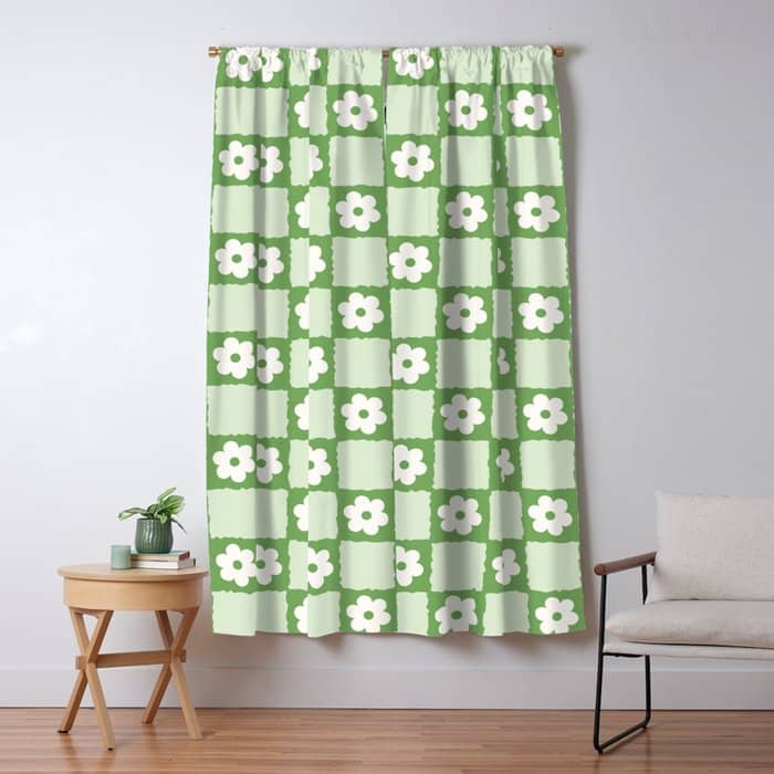 Retro Flower Checker In Forest Green Window Curtain