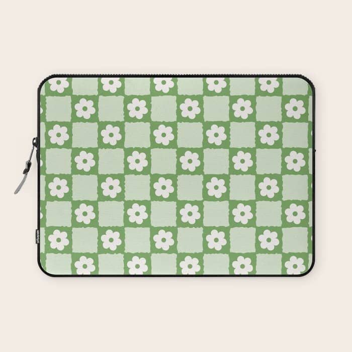 Retro Flower Checker In Forest Green Laptop Sleeve