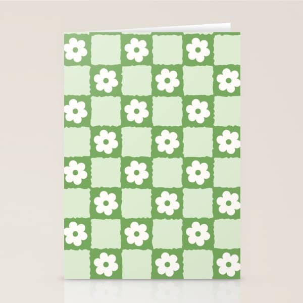 Retro Flower Checker In Forest Green Stationery Card
