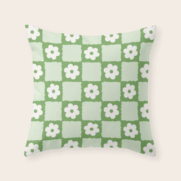 Retro Flower Checker In Forest Green Throw Pillow