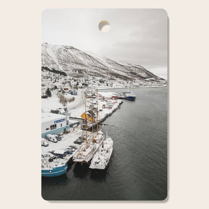 Harbor In Norway Snow Photo | Winter In Norway Boats And Mountains Art Print | Travel Photography Cutting Board