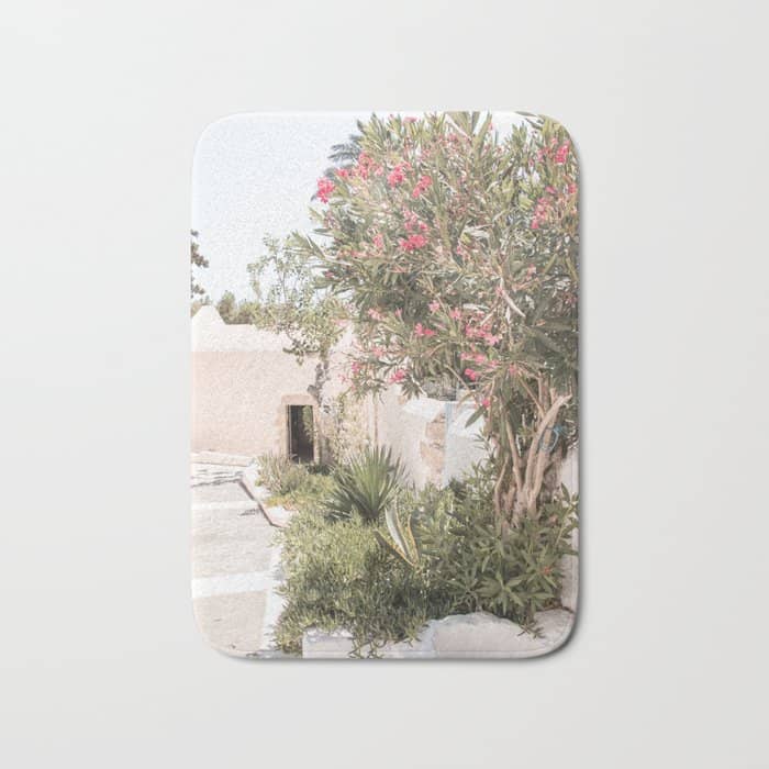 Greece Summer Scenery With Plants Photo | White Island Architecture Art Print | Europe Travel Photography Bath Mat