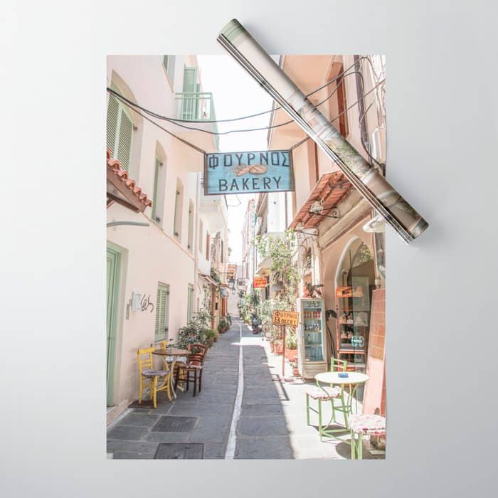 Street In Greece Photo | Pastel Village Houses Summer Art Print | Europe Digital Travel Photography Wrapping Paper