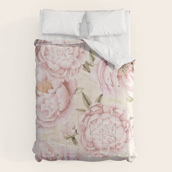 Pastel Blush Pink Spring Watercolor Peony Flowers Pattern Comforter
