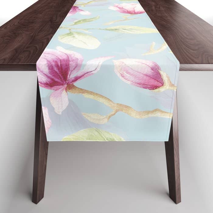 Hygge Hand Painted Watercolor Magnolia Blossoms Table Runner