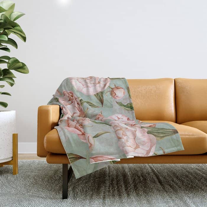 Peach Peonies Watercolor Pattern On Teal Sepia  Throw Blanket