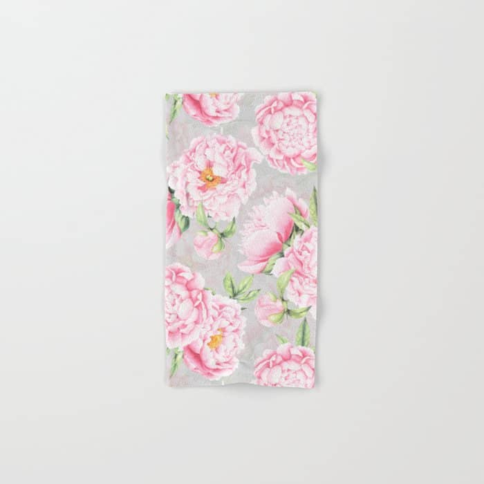 Hygge Blush Pink Peonies Pattern On Gray Bath Towel