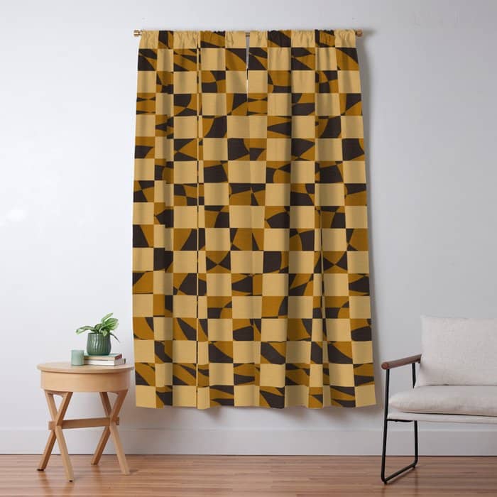 Abstract Checked In Golden Ochre Window Curtain