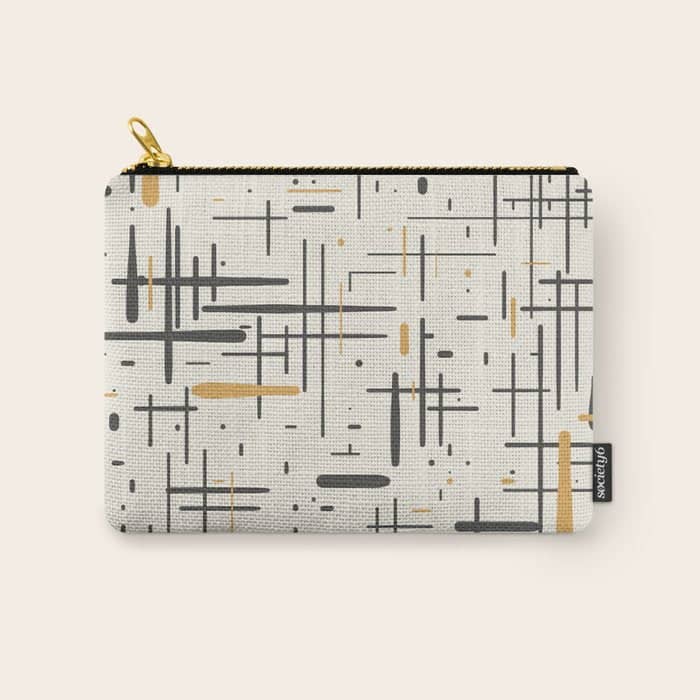 Mid-Century Modern Kinetikos Pattern In Charcoal Gray, Muted Mustard Gold, And Cream Carry All Pouch