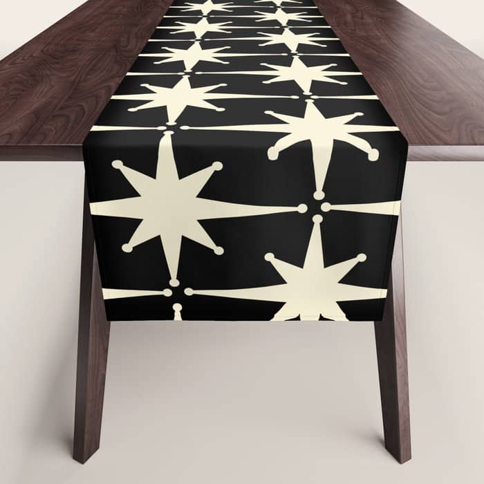 Midcentury Modern Atomic Age Starburst Pattern In Retro Cream And Black Table Runner