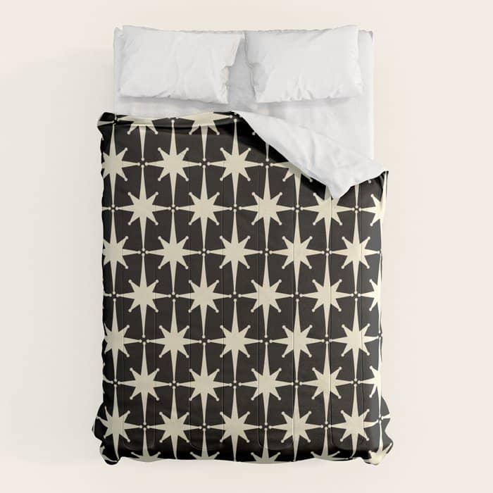 Midcentury Modern Atomic Age Starburst Pattern In Retro Cream And Black Comforter
