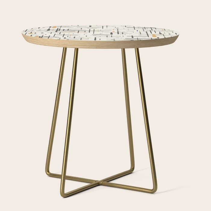 Mid-Century Modern Kinetikos Pattern In Charcoal Gray, Muted Mustard Gold, And Cream Side Table