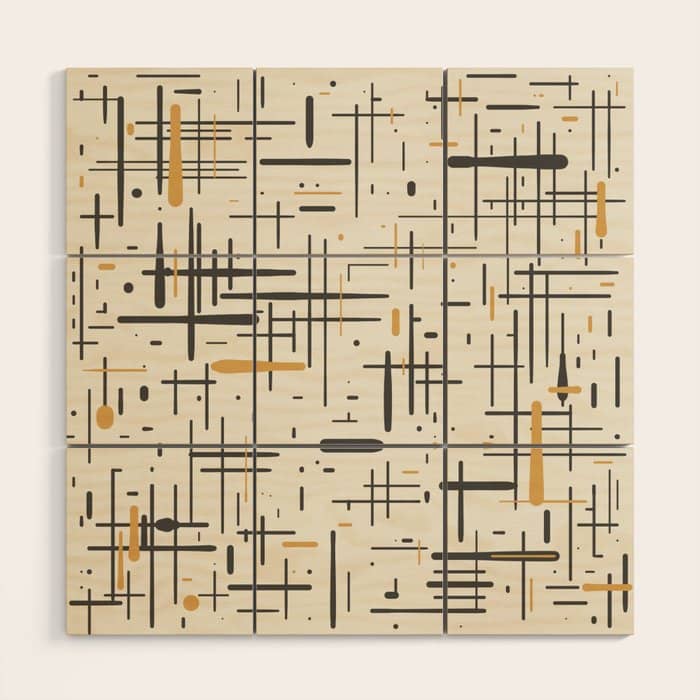 Mid-Century Modern Kinetikos Pattern In Charcoal Gray, Muted Mustard Gold, And Cream Wood Wall Art