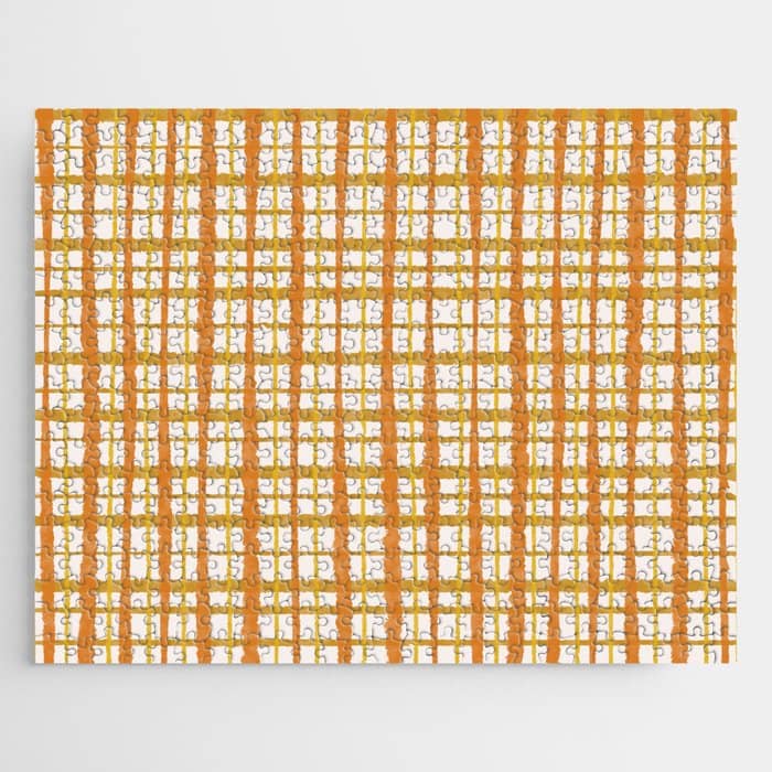 Hygge Retro Stripe Painted Plaid Pattern Orange Mustard Cream Jigsaw Puzzle