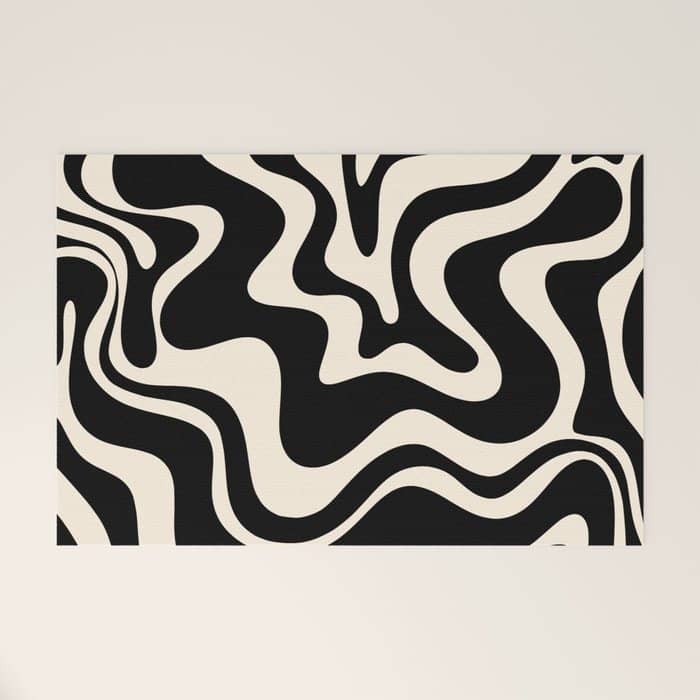Retro Liquid Swirl Abstract Pattern 3 In Black And Almond Cream Welcome Mat