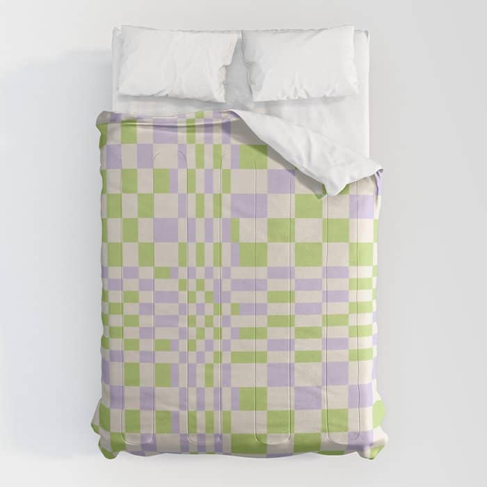 Happy Colorful Checkered Pattern Green And Lilac Comforter