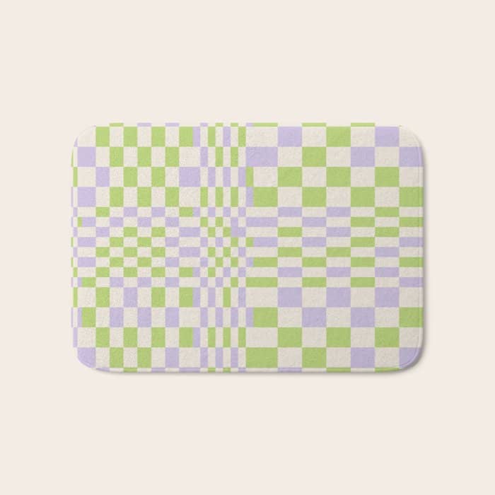 Happy Colorful Checkered Pattern Green And Lilac Bath Mat
