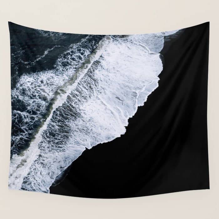 Waves Crashing On A Black Sand Beach - Minimal Landscape Photography Wall Tapestry