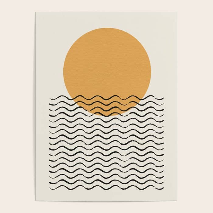 Ocean Wave Gold Sunrise - Mid Century Style Poster