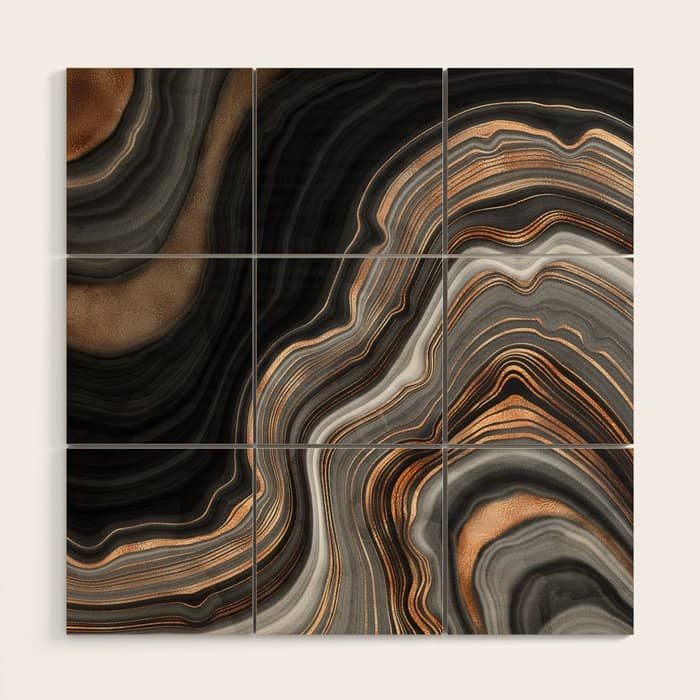 Elegant Black Marble With Gold And Copper Veins Wood Wall Art