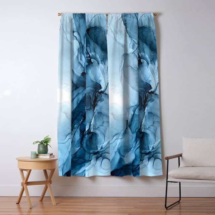 Deep Blue Flowing Water Abstract Painting Window Curtain