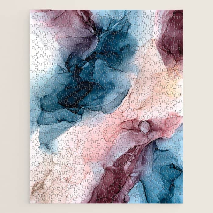 Pastel Plum, Deep Blue, Blush And Gold Abstract Painting Jigsaw Puzzle