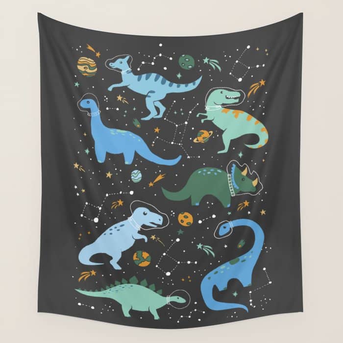 Dinosaurs In Space In Blue Wall Tapestry