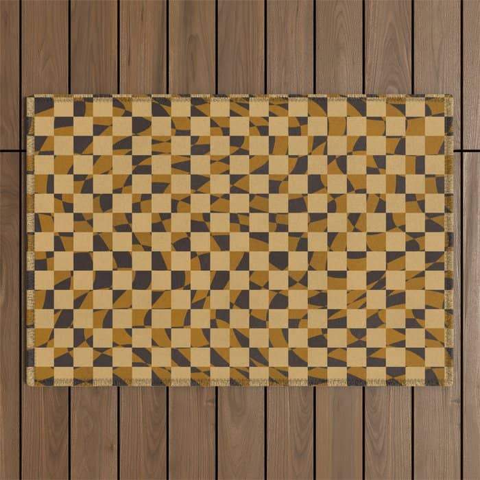 Abstract Checked In Golden Ochre Outdoor Rug