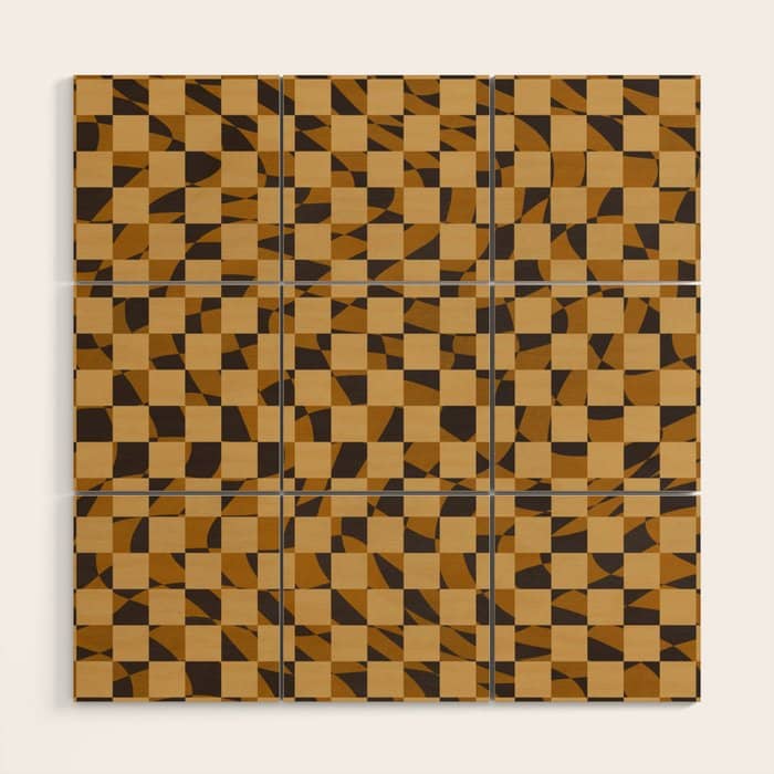 Abstract Checked In Golden Ochre Wood Wall Art