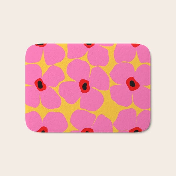 Abstract Pink Flowers With Yellow Background Bath Mat