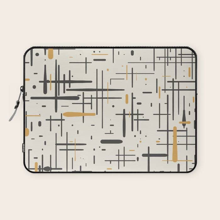 Mid-Century Modern Kinetikos Pattern In Charcoal Gray, Muted Mustard Gold, And Cream Laptop Sleeve