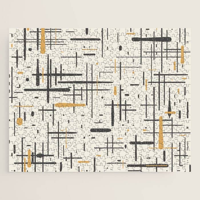 Mid-Century Modern Kinetikos Pattern In Charcoal Gray, Muted Mustard Gold, And Cream Jigsaw Puzzle
