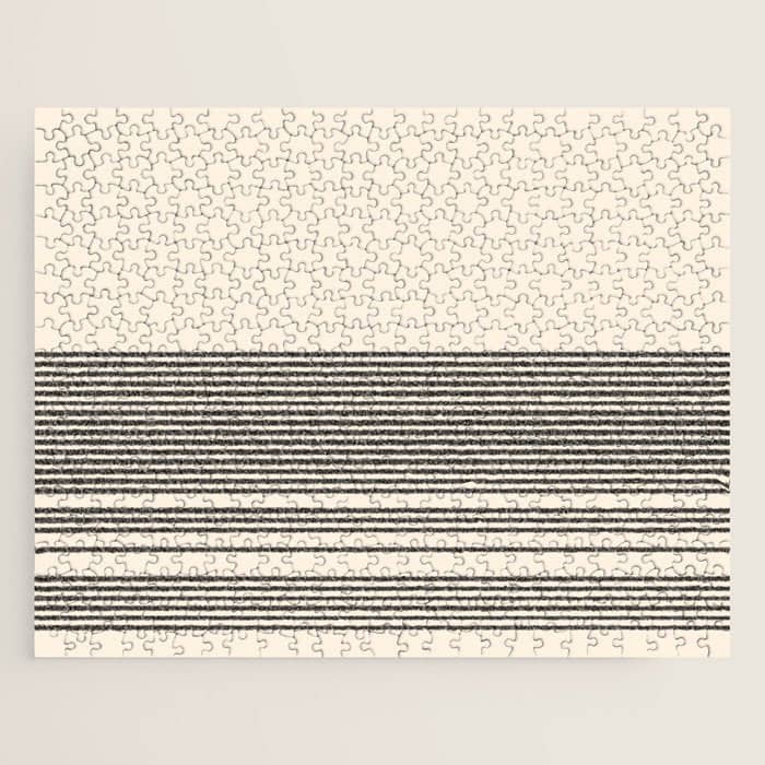 Organic Stripes - Minimalist Textured Line Pattern In Black And Almond Cream Jigsaw Puzzle