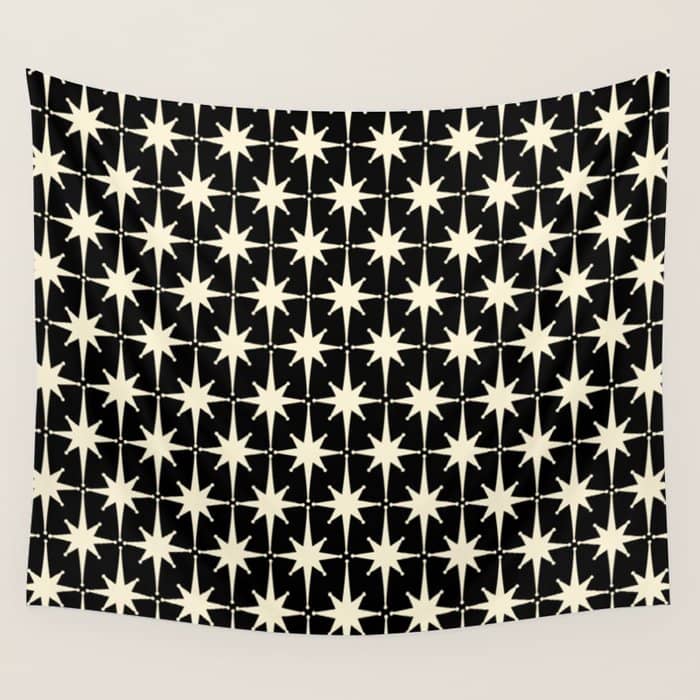 Midcentury Modern Atomic Age Starburst Pattern In Retro Cream And Black Wall Tapestry