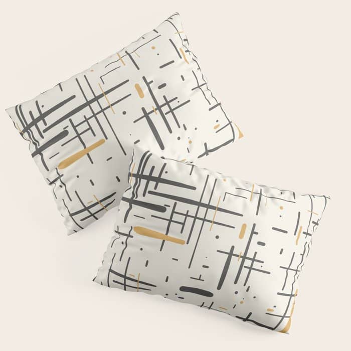 Mid-Century Modern Kinetikos Pattern In Charcoal Gray, Muted Mustard Gold, And Cream Pillow Sham