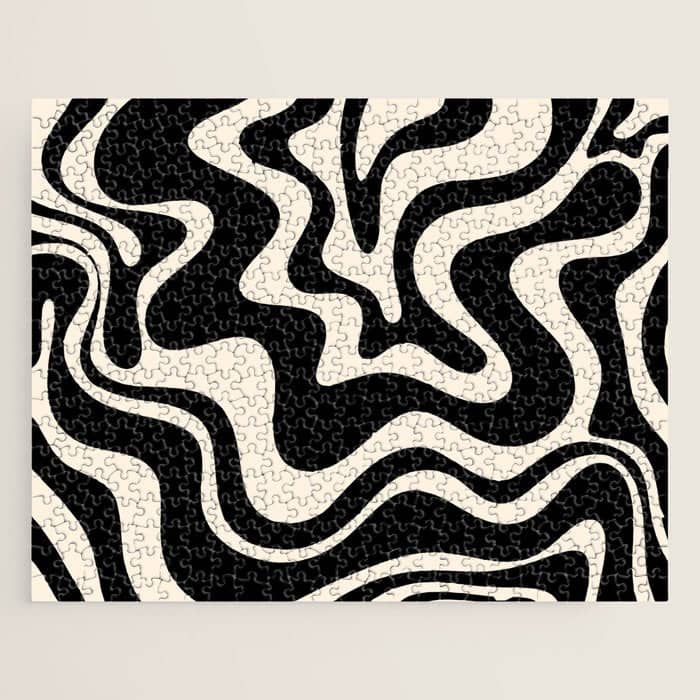 Retro Liquid Swirl Abstract Pattern 3 In Black And Almond Cream Jigsaw Puzzle