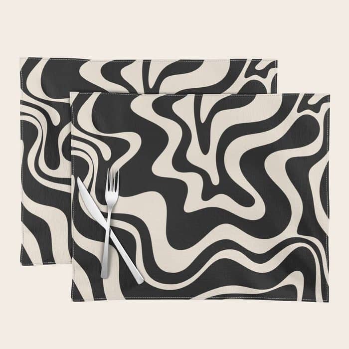 Retro Liquid Swirl Abstract Pattern 3 In Black And Almond Cream Placemat
