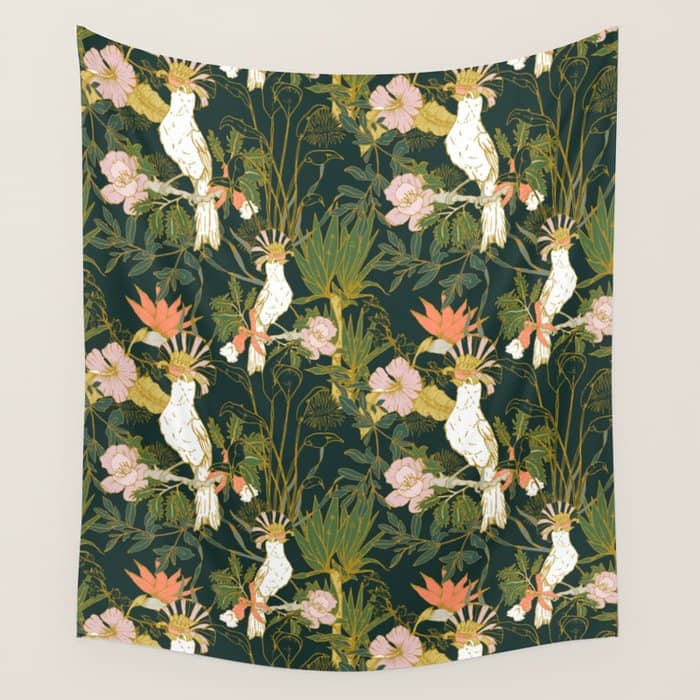 Drawing Of Exotic Birds In The Dark Jungle Wall Tapestry