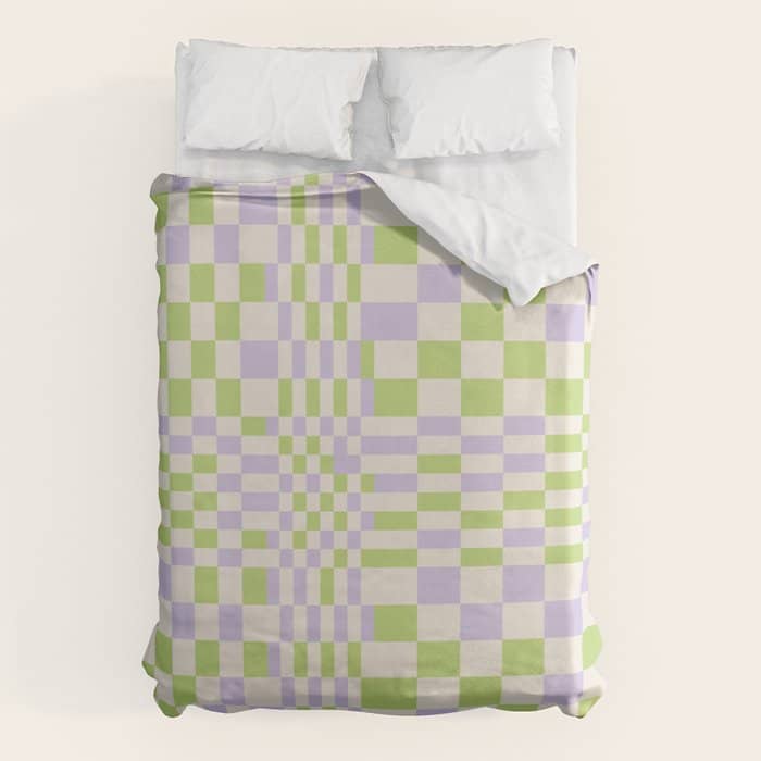 Happy Colorful Checkered Pattern Green And Lilac Duvet Cover