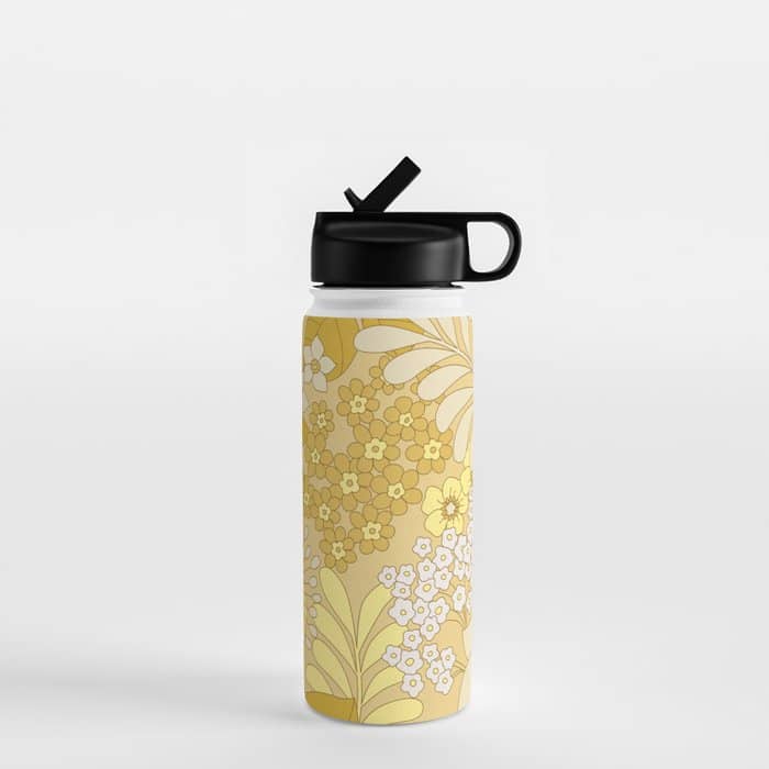 Yellow, Ivory & Brown Retro Floral Pattern Water Bottle