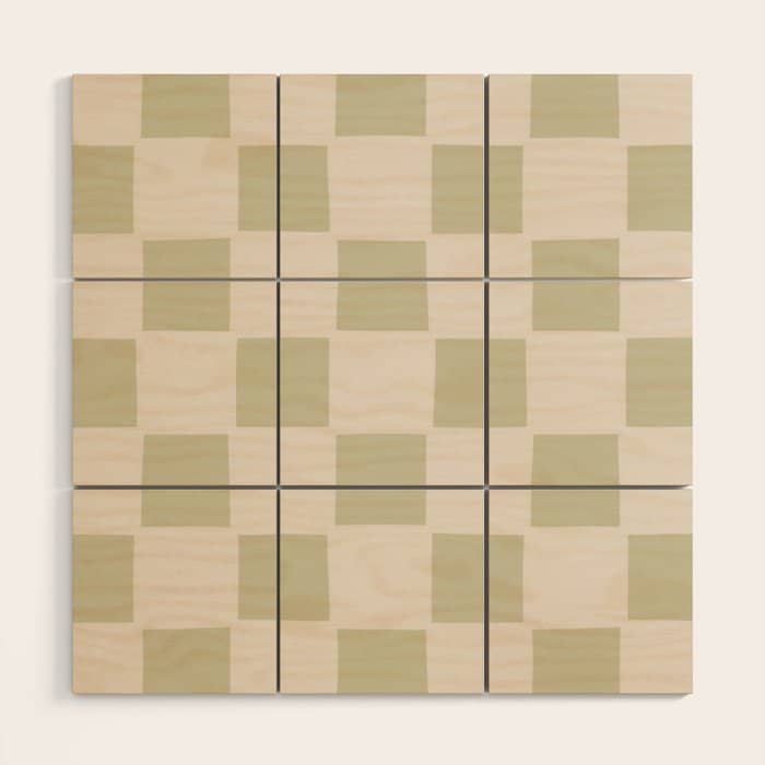 Playful Check In Olive Green Wood Wall Art