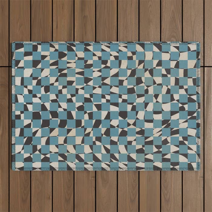 Abstract Checked Blue And Black Outdoor Rug