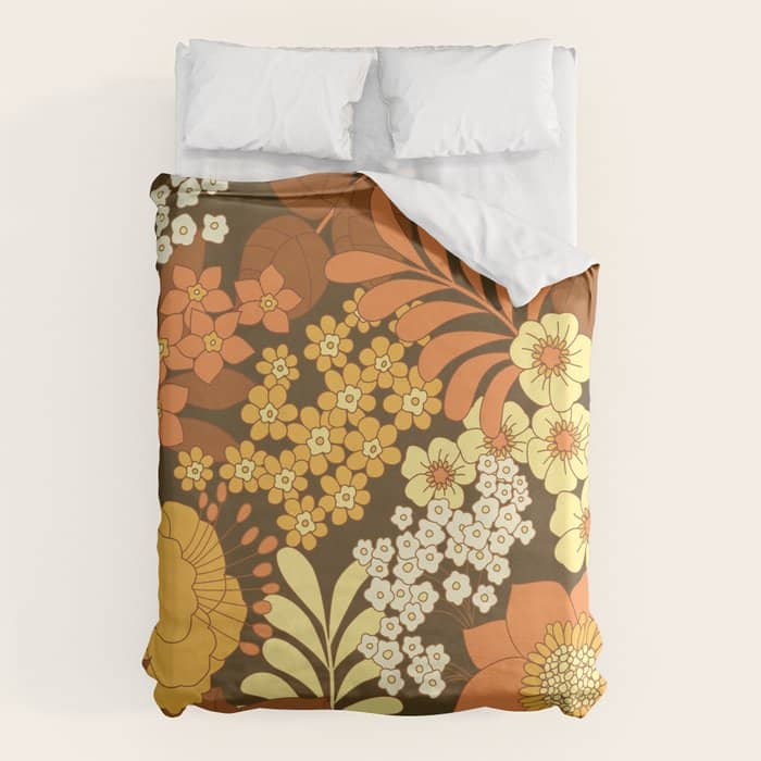 Brown, Yellow, Orange Qnd Ivory Retro Flowers Duvet Cover