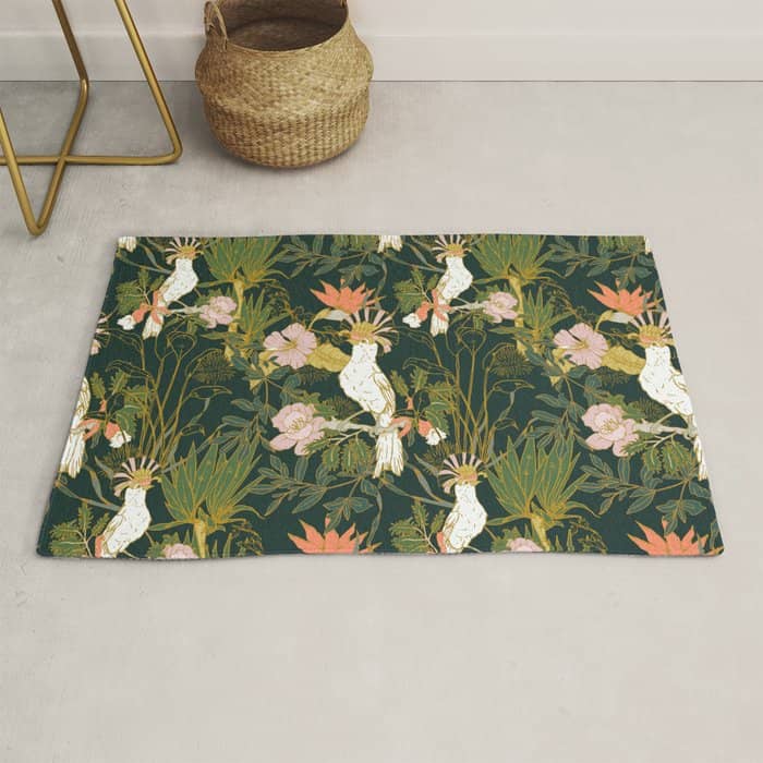 Drawing Of Exotic Birds In The Dark Jungle Rug