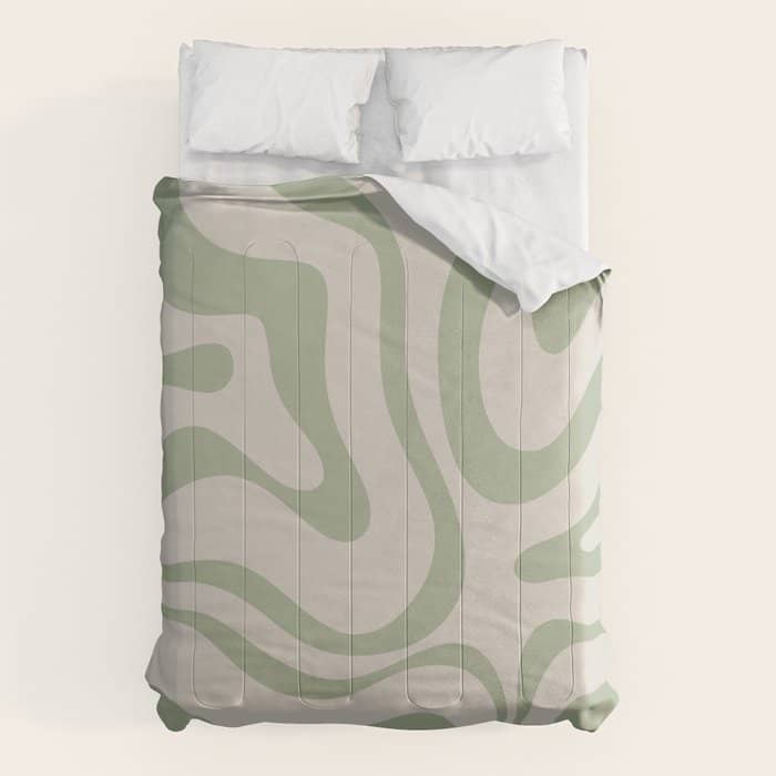 Liquid Swirl Abstract Pattern In Almond And Sage Green Comforter
