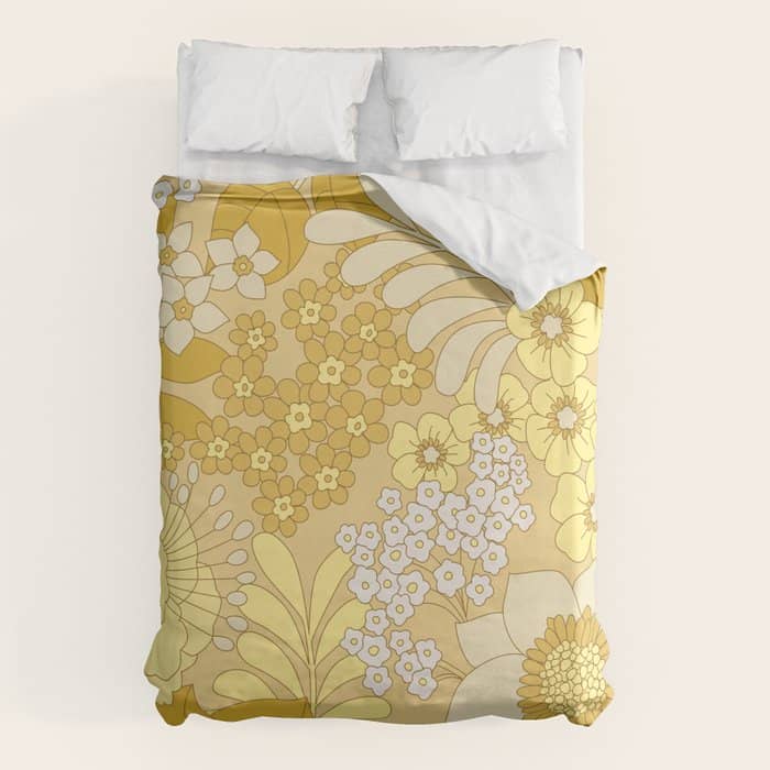 Yellow, Ivory & Brown Retro Floral Pattern Duvet Cover