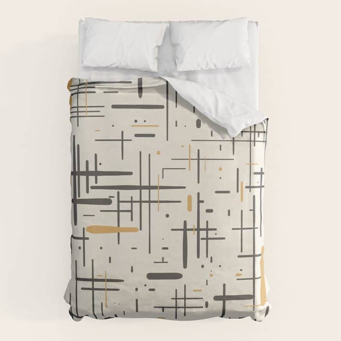 Mid-Century Modern Kinetikos Pattern In Charcoal Gray, Muted Mustard Gold, And Cream Duvet Cover