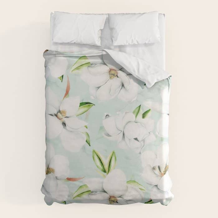 Hygge Magnolia Watercolor Pastel Flowers Duvet Cover