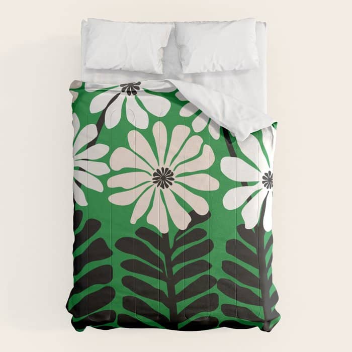 Mod Flower Garden - Black And White On Green Comforter