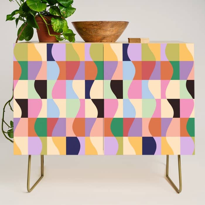 Retro Colorful Wavy Checkerboard Credenza